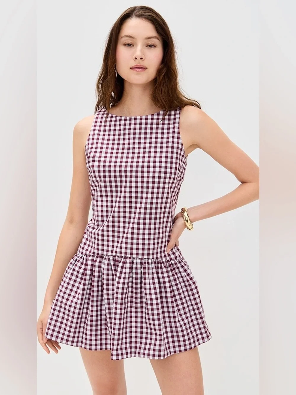 Peixoto Addison Gingham Mini Dress Merlot Size Large Drop Waist NWT - Picture 2 of 8